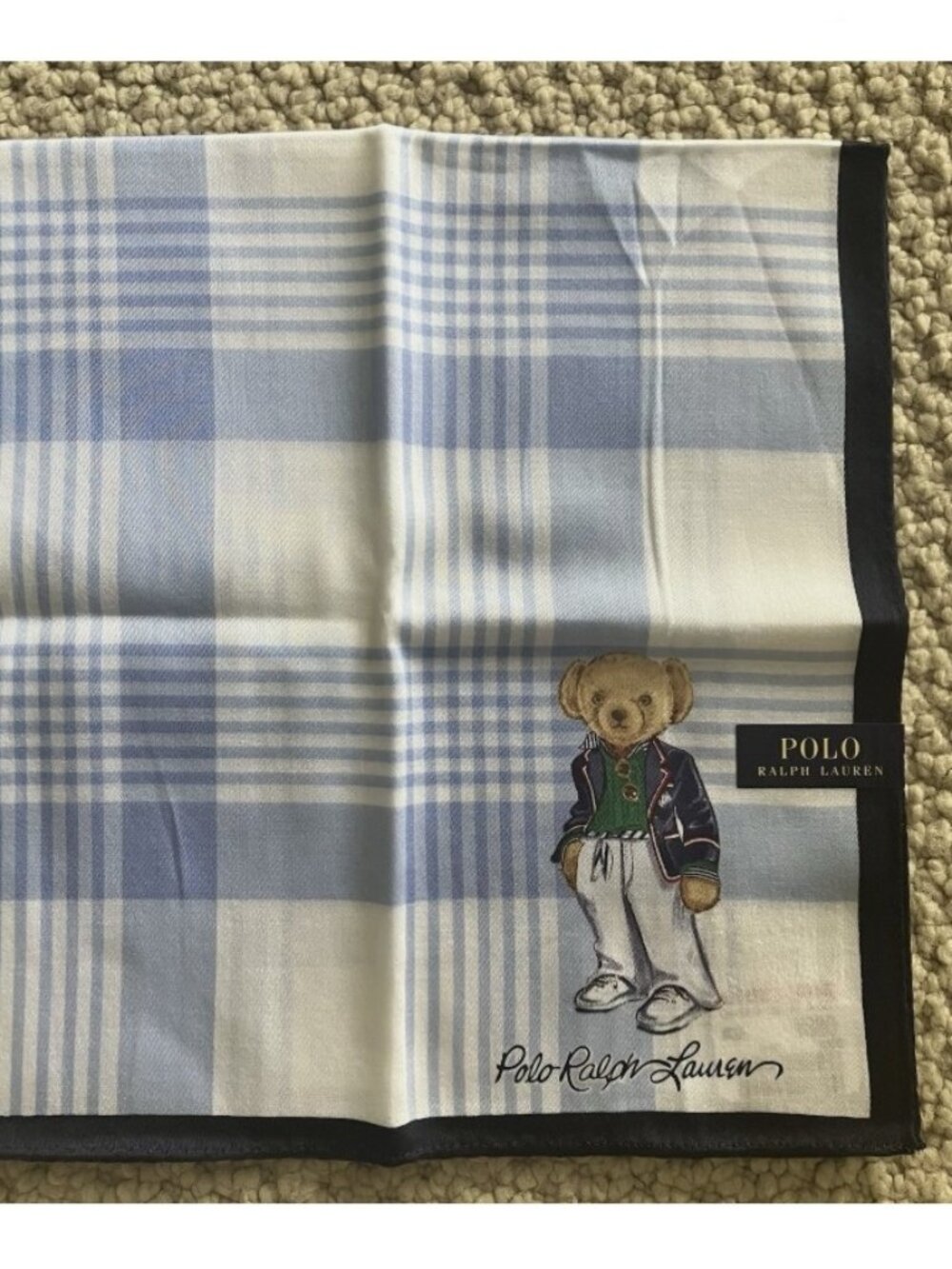 New Polo Ralph Lauren Bear Handkerchief Scarf Pocket Square Light Blue Plaid